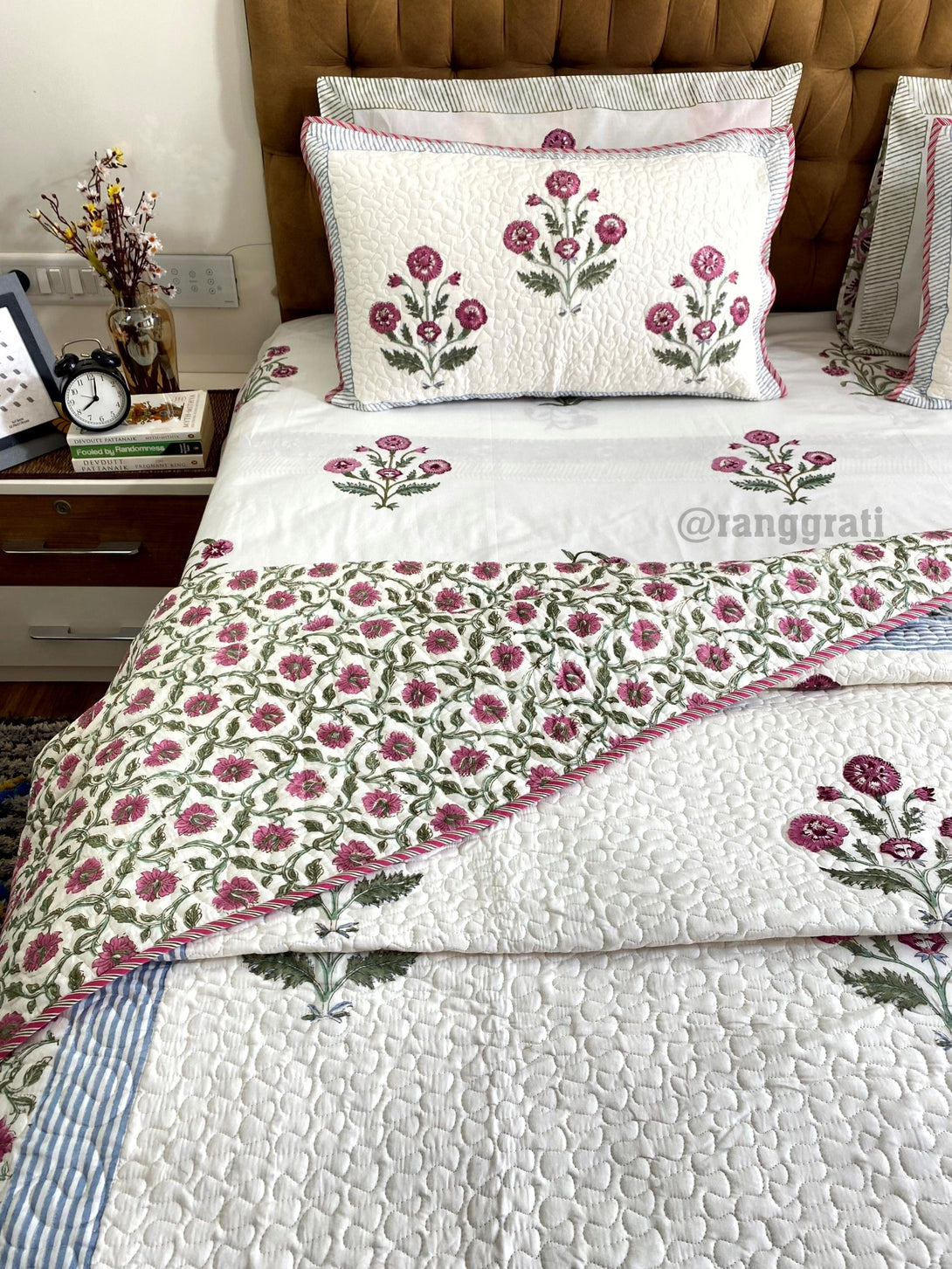 Pink Floral Bedsheet With Matching Quilted Bedcover Set - Bedding Set