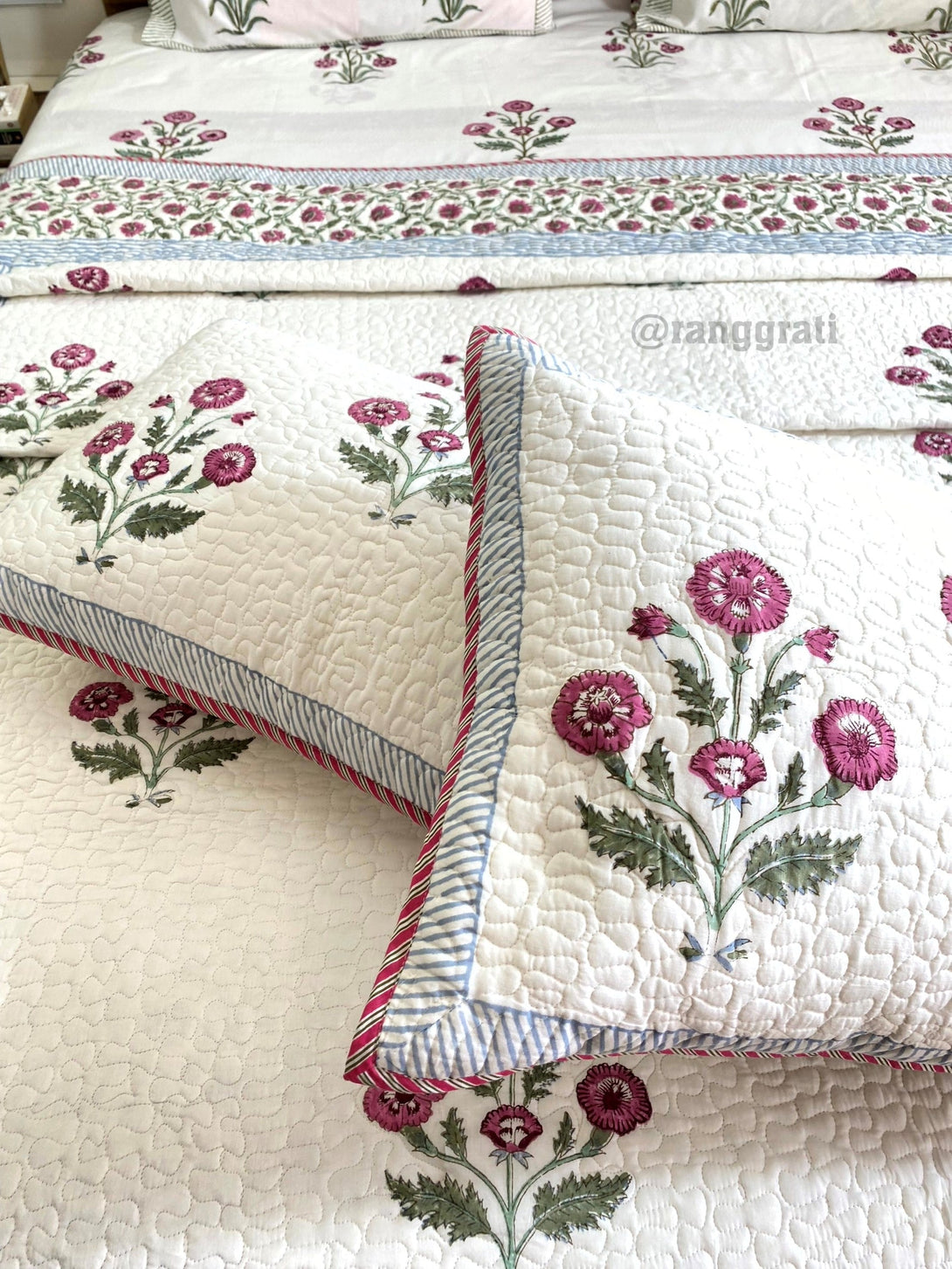 Pink Floral Bedsheet With Matching Quilted Bedcover Set - Bedding Set