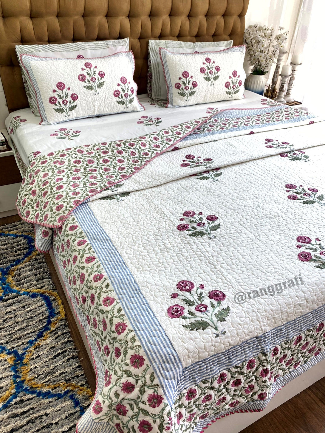 Pink Floral Bedsheet With Matching Quilted Bedcover Set - Bedding Set