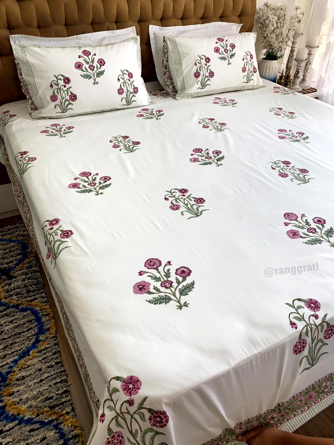 Pink Floral Bedsheet With Matching Quilted Bedcover Set - Bedding Set