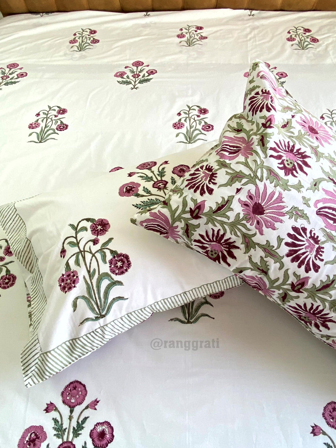 Pink Floral Bedsheet With Matching Quilted Bedcover Set - Bedding Set