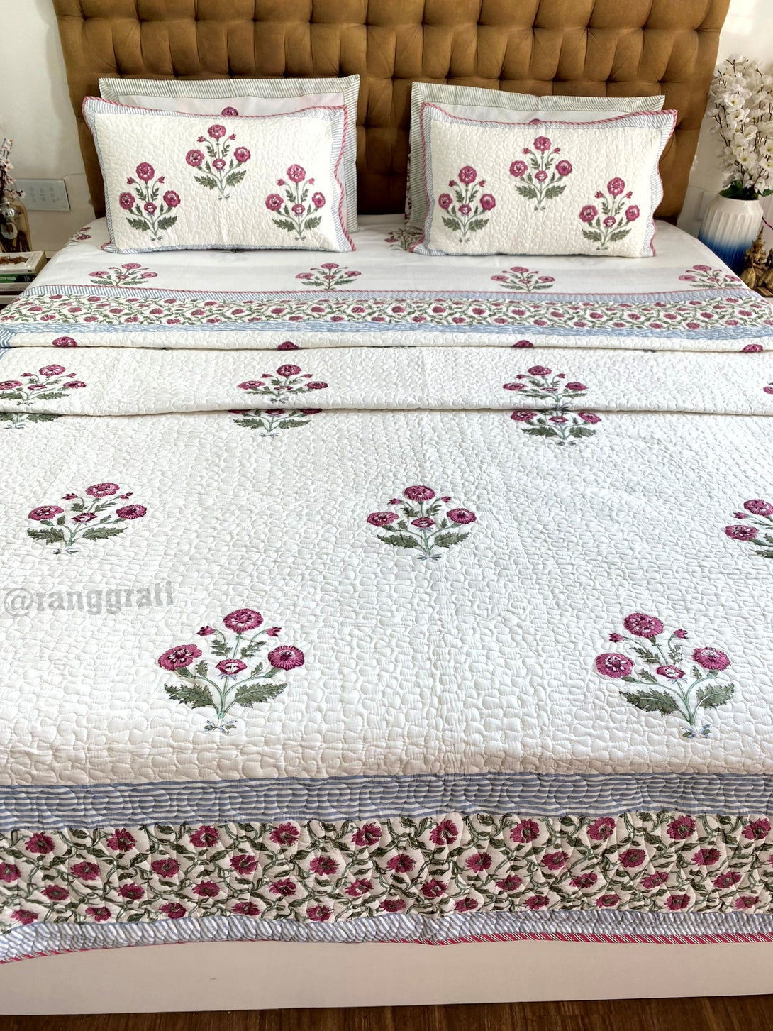 Pink Floral Bedsheet With Matching Quilted Bedcover Set - Bedding Set