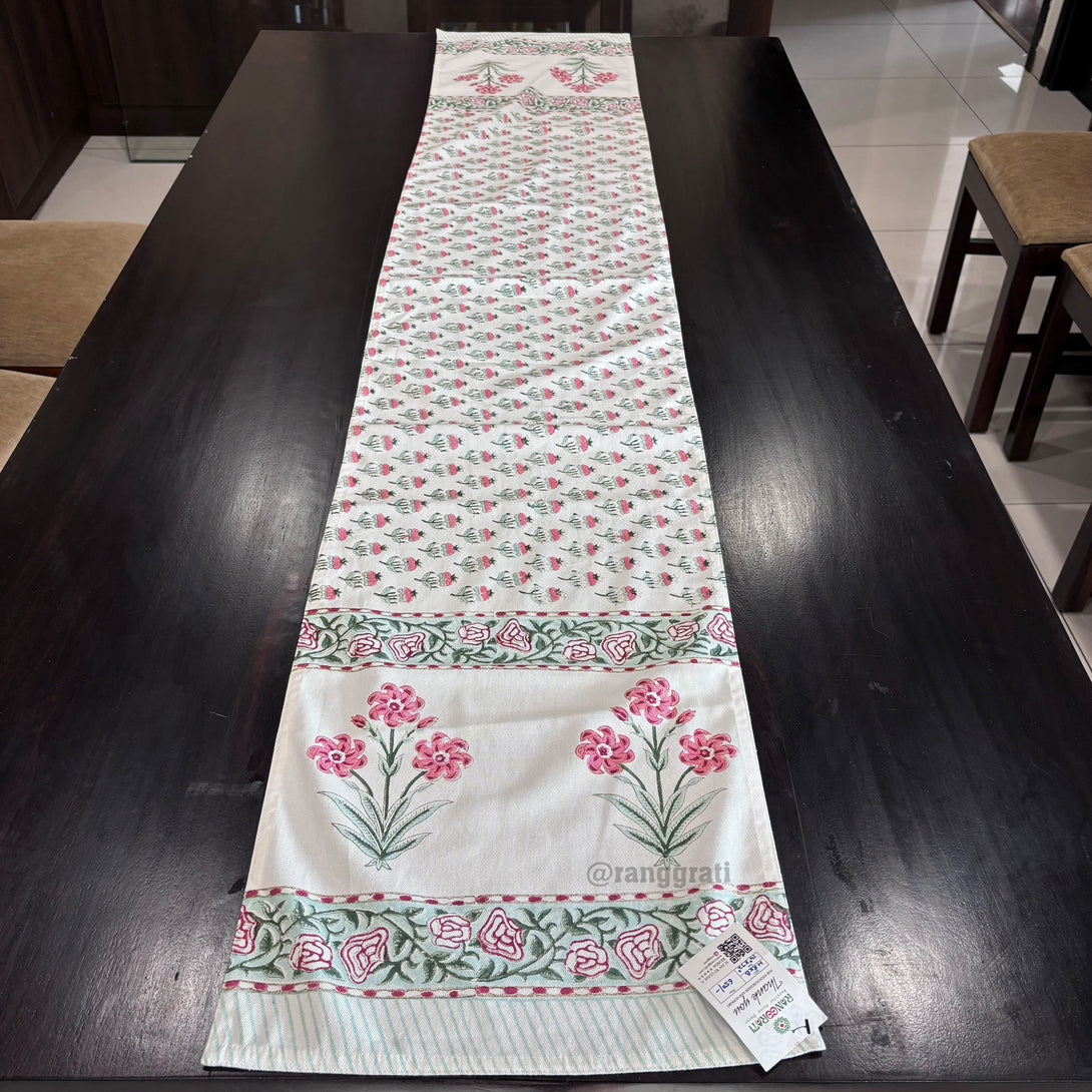 Pink Floral Block Print Cotton Table Runner 6 Seater Dining Table - Table Runner