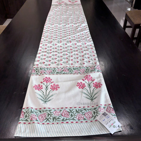 Pink Floral Block Print Cotton Table Runner 6 Seater Dining Table - Table Runner
