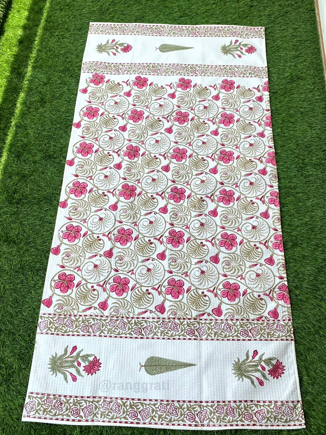 Pink Floral Body Towel Hand Block Printed Pure Cotton - Body Towel