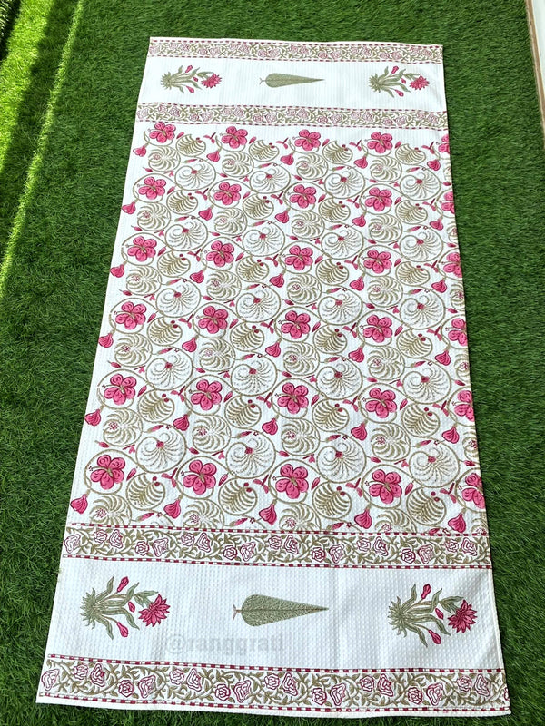 Pink Floral Body Towel Hand Block Printed Pure Cotton - Body Towel