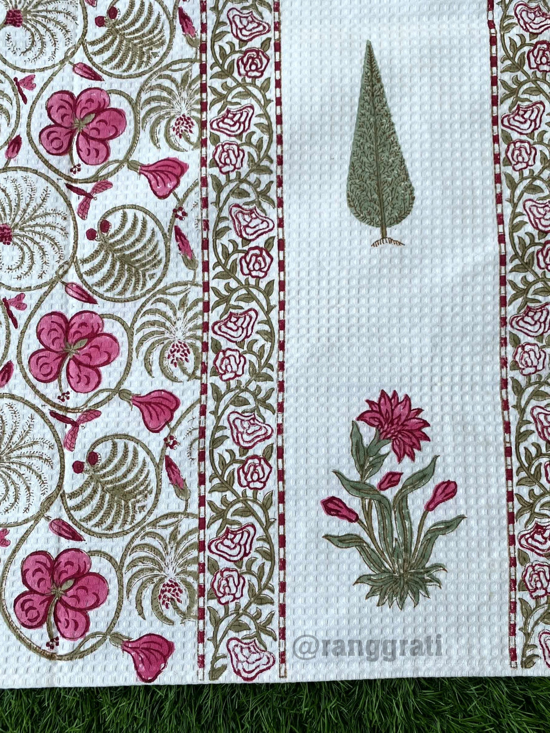 Pink Floral Body Towel Hand Block Printed Pure Cotton - Body Towel