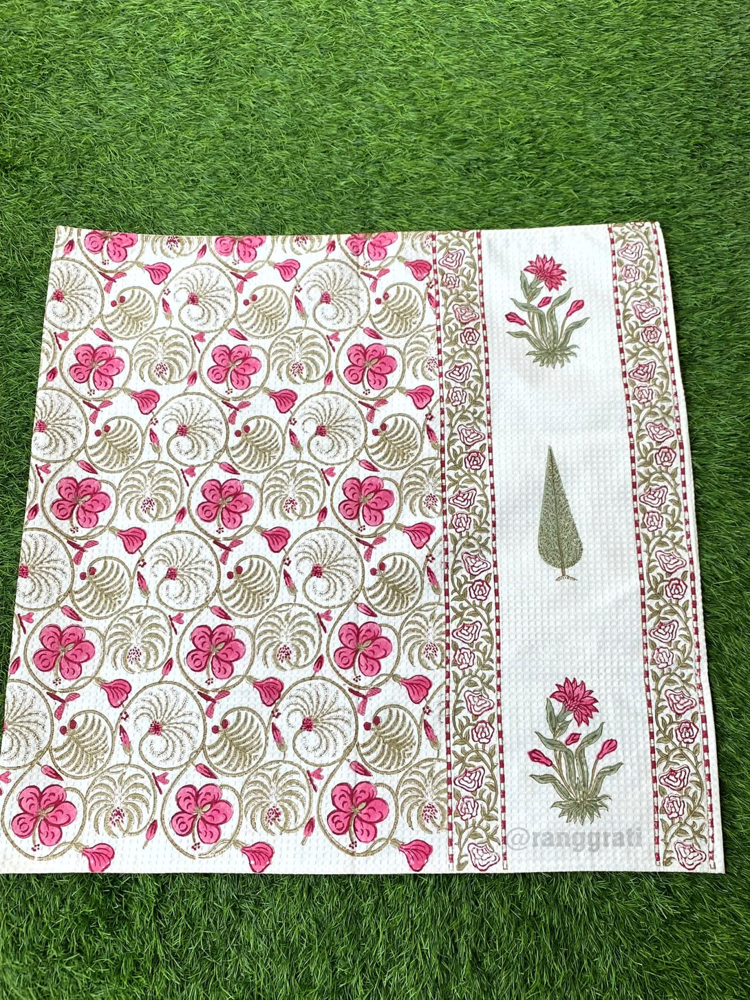 Pink Floral Body Towel Hand Block Printed Pure Cotton - Body Towel