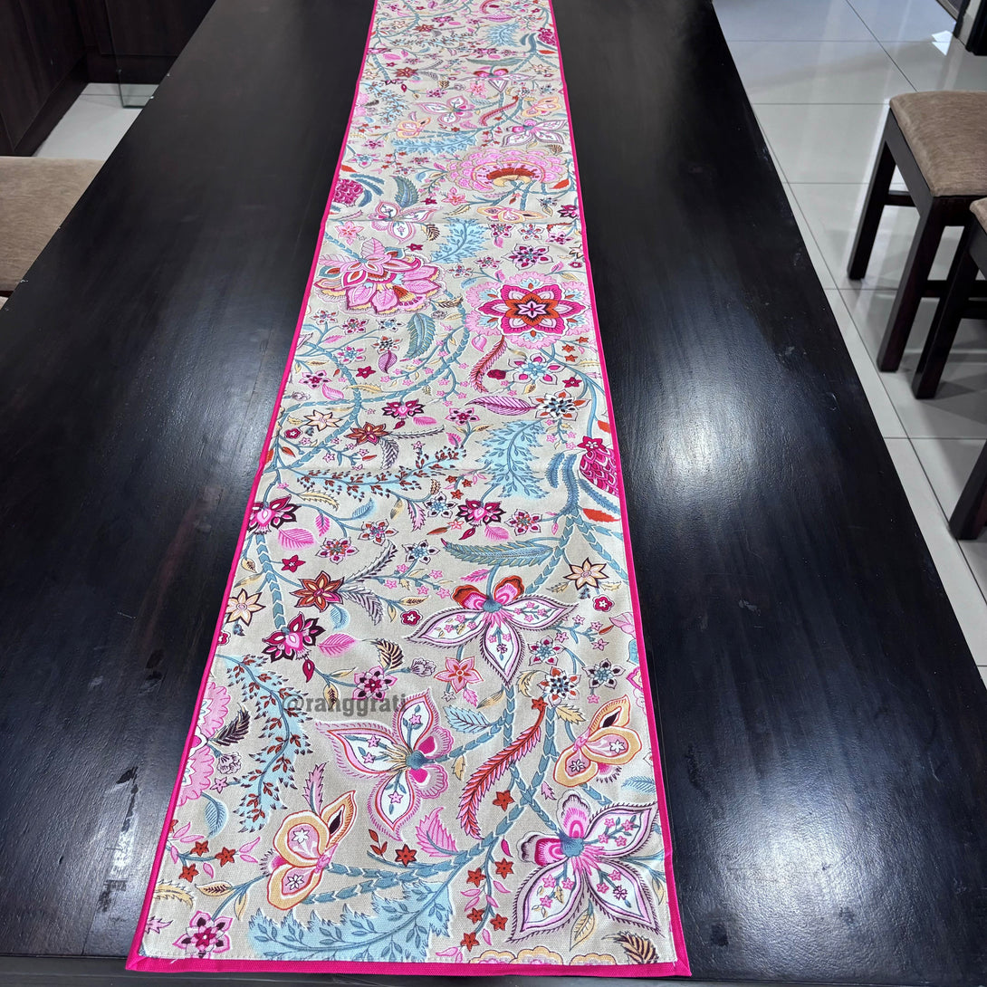 Pink Floral Canvas Cotton Table Runner 6 Seater Dining Table - Table Runner