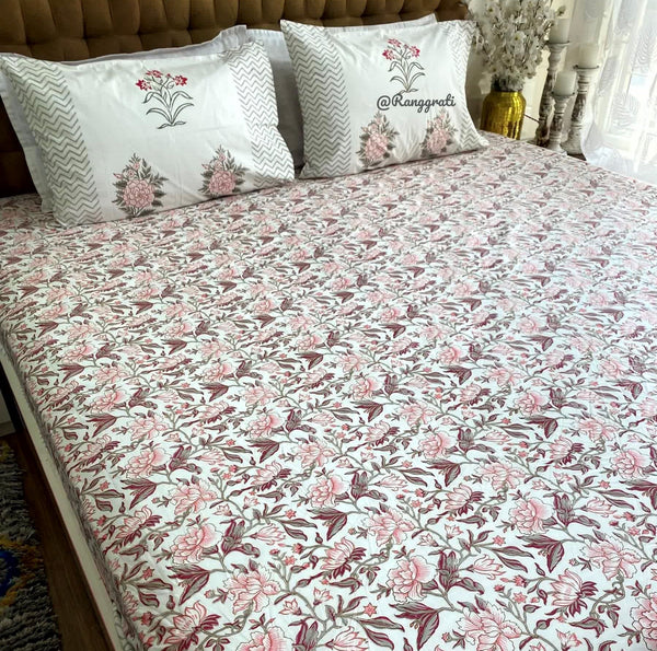 Pink Floral Cotton Elastic Fitted Bedsheet King Size Hand Block - Bedsheet