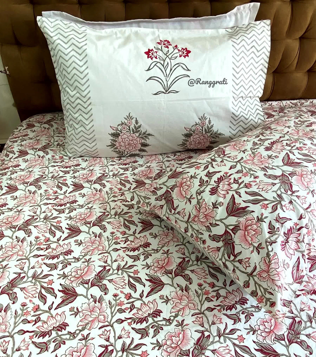 Pink Floral Cotton Elastic Fitted Bedsheet King Size Hand Block - Bedsheet