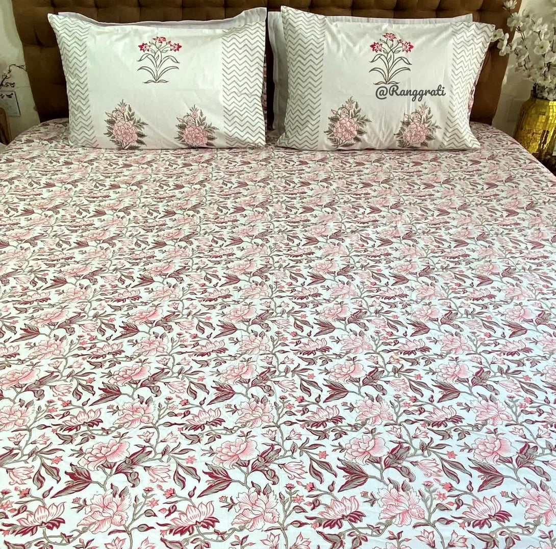 Pink Floral Cotton Elastic Fitted Bedsheet King Size Hand Block - Bedsheet