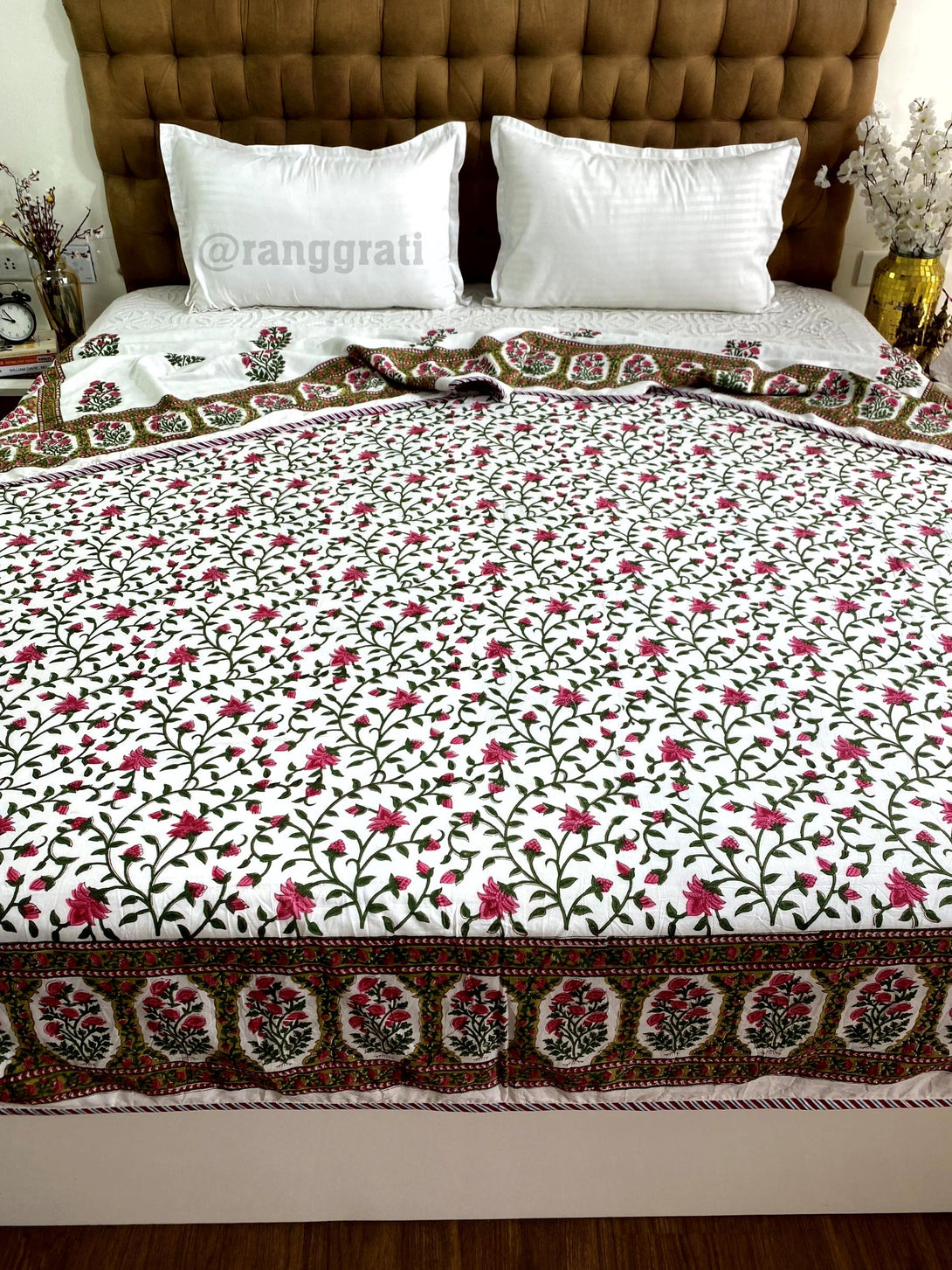 Pink Floral Dohar For Double Bed In Mulmul Cotton For Summers - Dohar