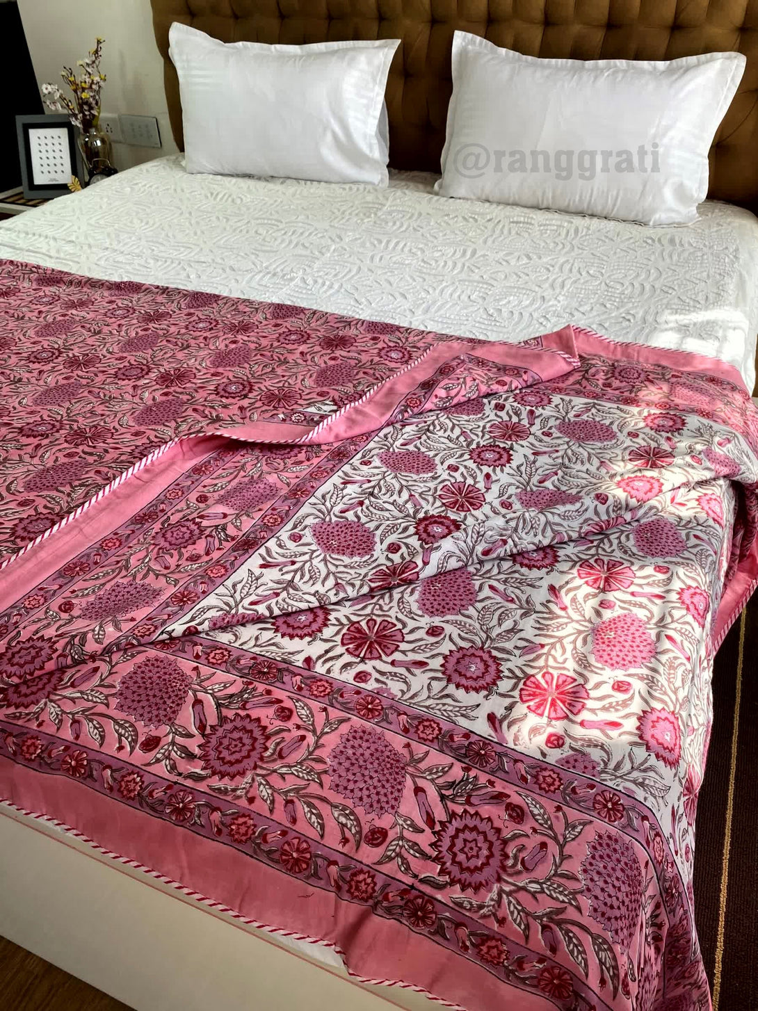 Pink Floral Double Dohar For Double Bed In Mulmul Cotton - Dohar