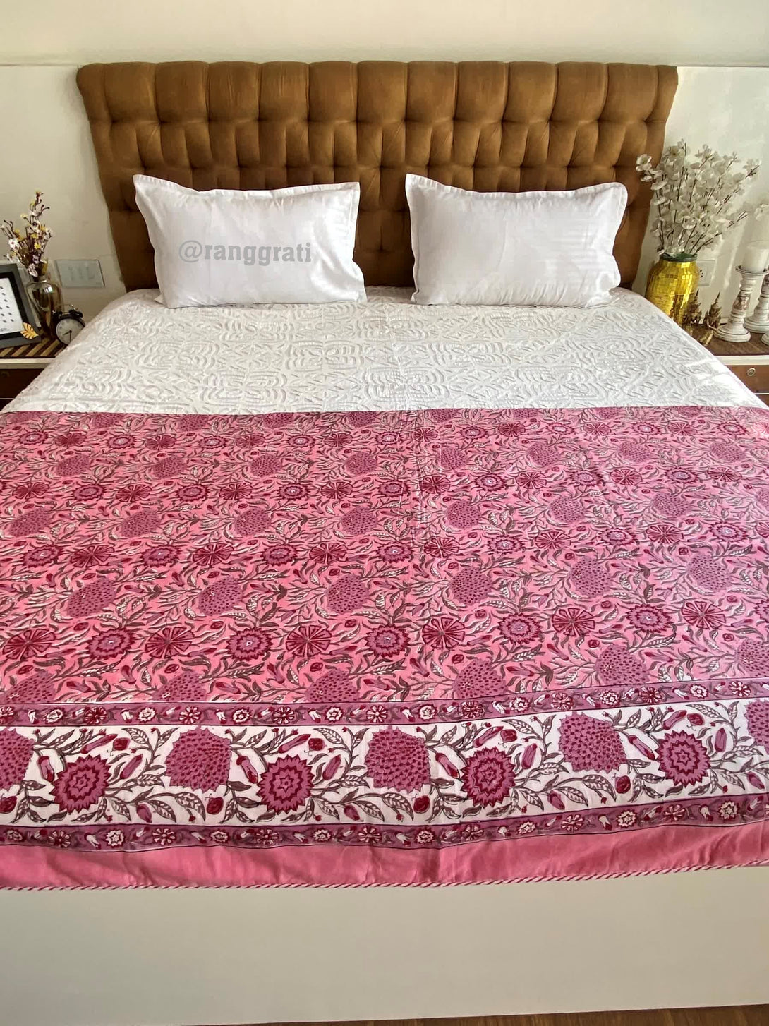Pink Floral Double Dohar For Double Bed In Mulmul Cotton - Dohar