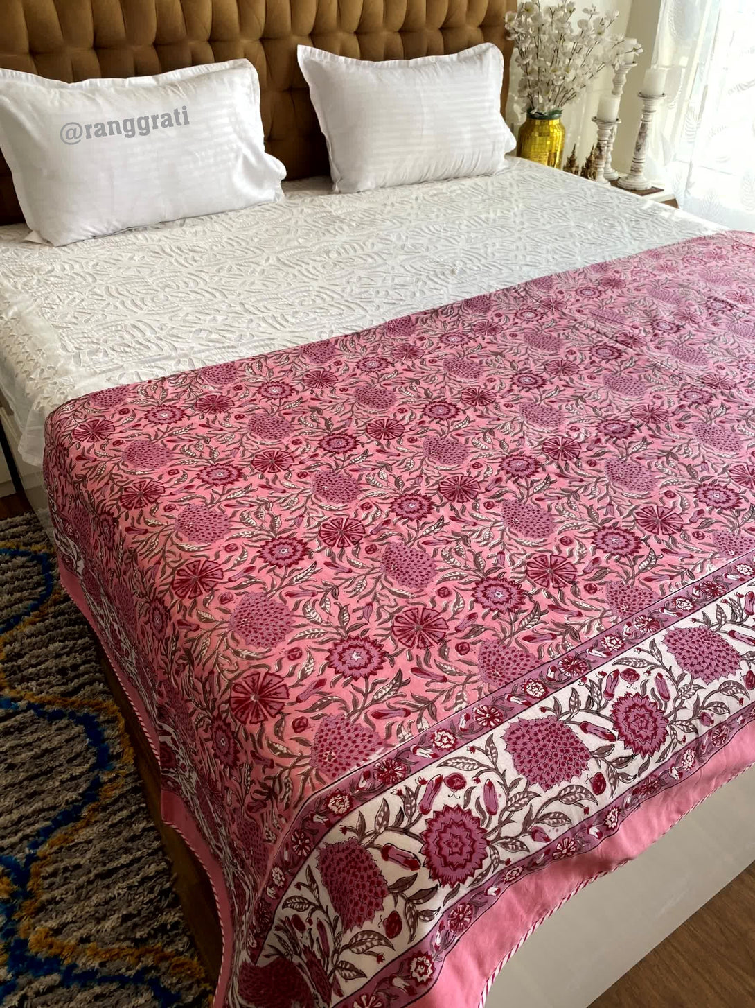 Pink Floral Double Dohar For Double Bed In Mulmul Cotton - Dohar