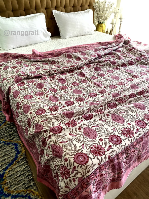 Pink Floral Double Dohar For Double Bed In Mulmul Cotton - Dohar