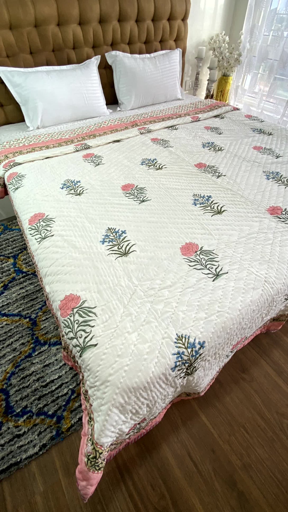 Pink Floral Double Quilt Razai Mulmul Cotton Reversible Hand Block Printed - Razai