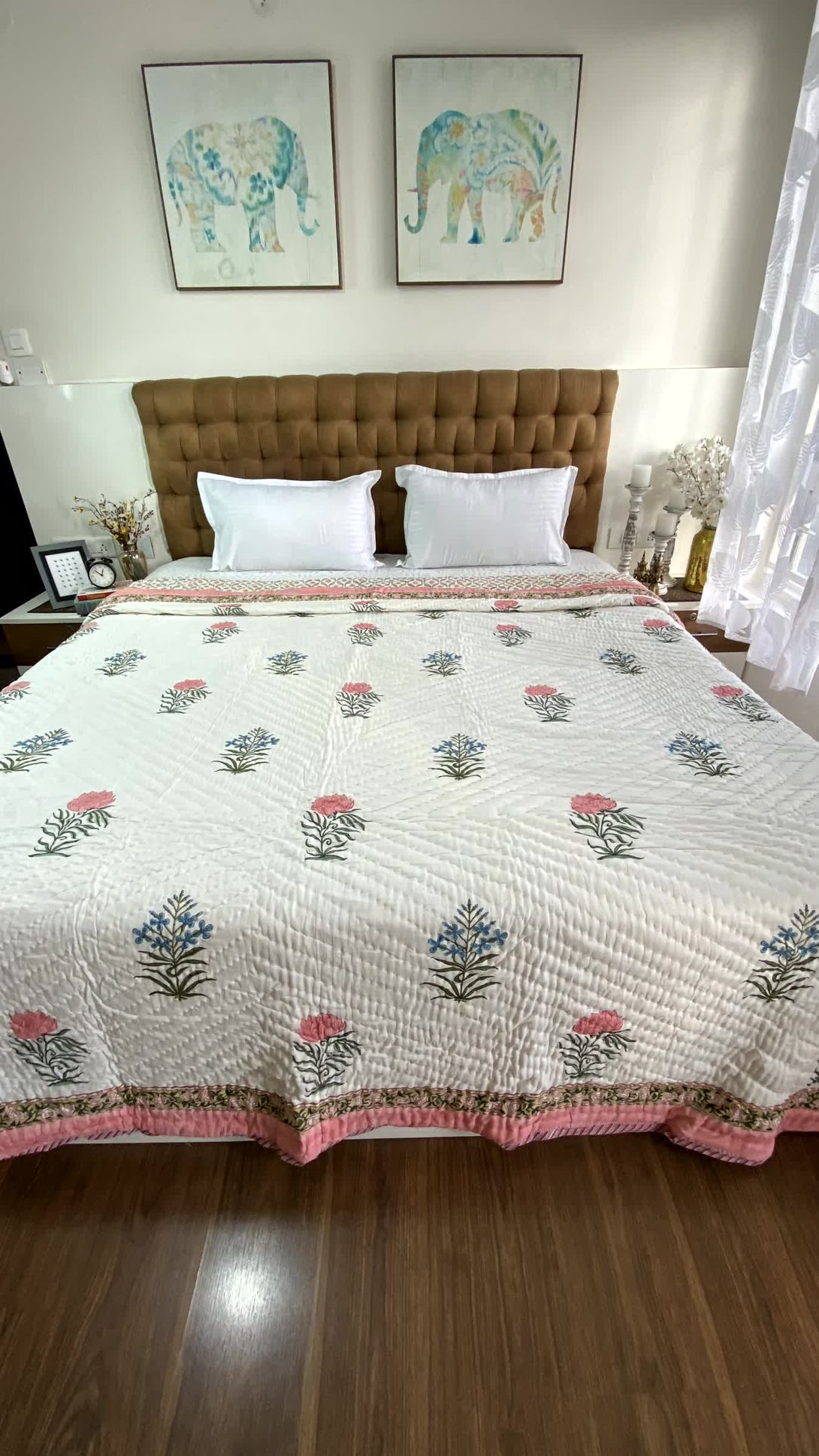 Pink Floral Double Quilt Razai Mulmul Cotton Reversible Hand Block Printed - Razai