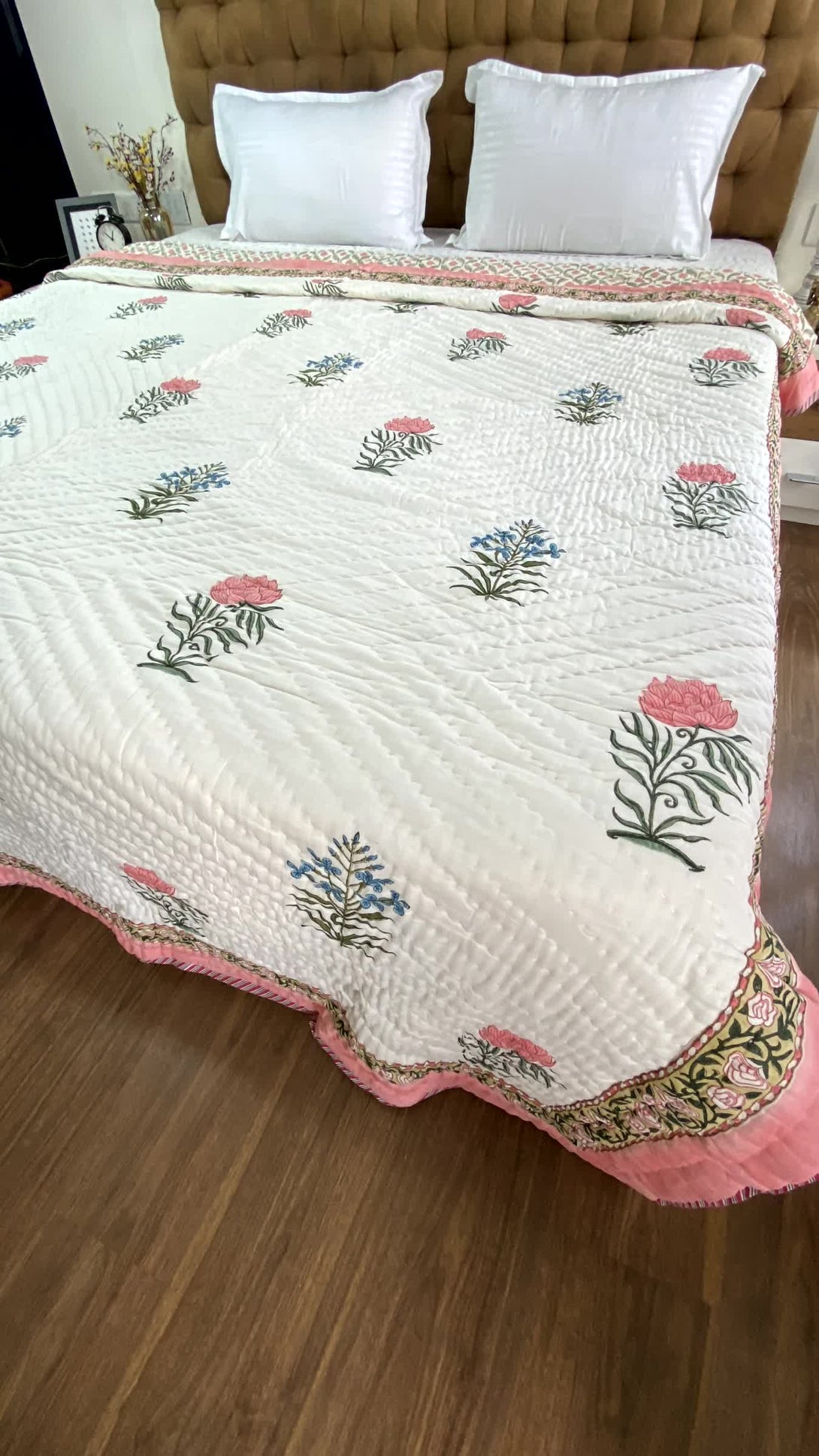 Pink Floral Double Quilt Razai Mulmul Cotton Reversible Hand Block Printed - Razai