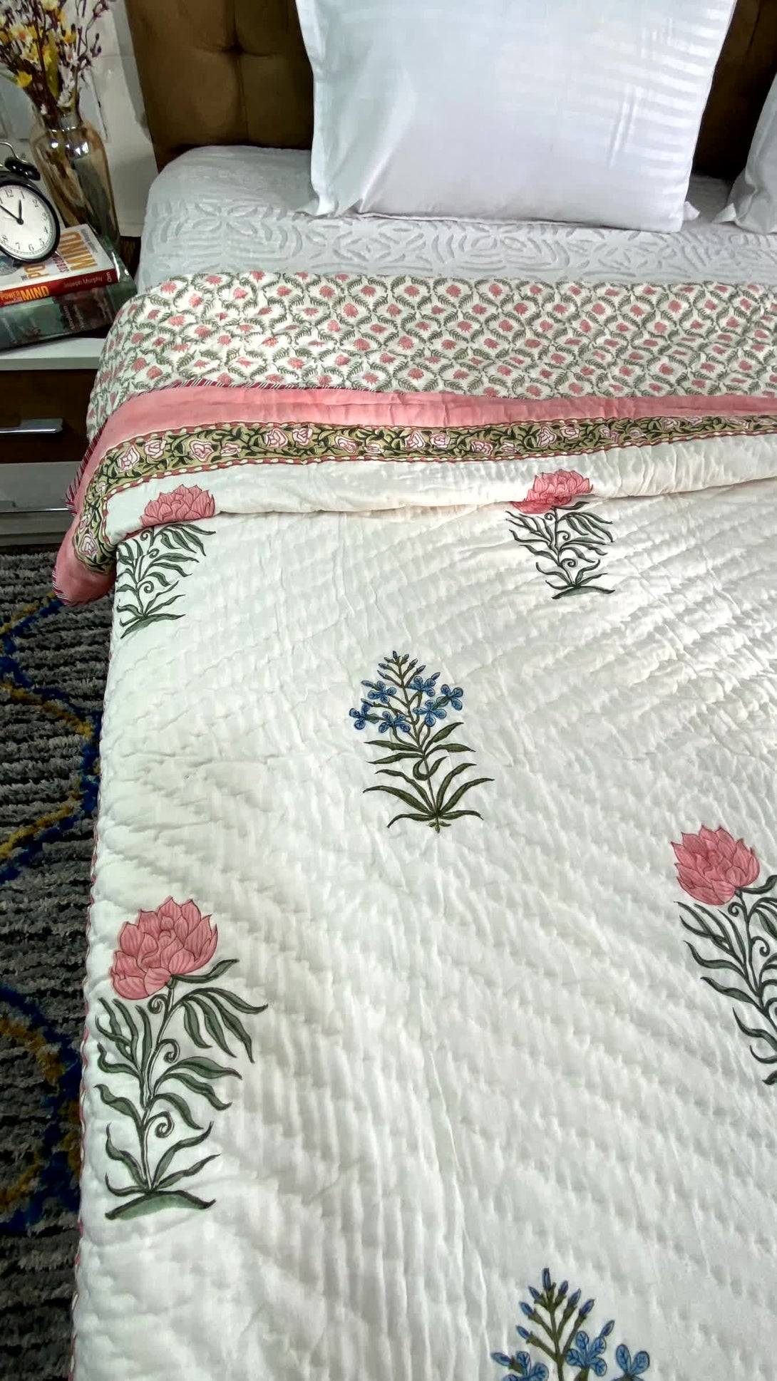 Pink Floral Double Quilt Razai Mulmul Cotton Reversible Hand Block Printed - Razai