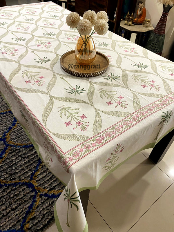 Green Border Pink Floral Table Cover Cloth 6 Seater Dining Table Rectangular Canvas Cotton