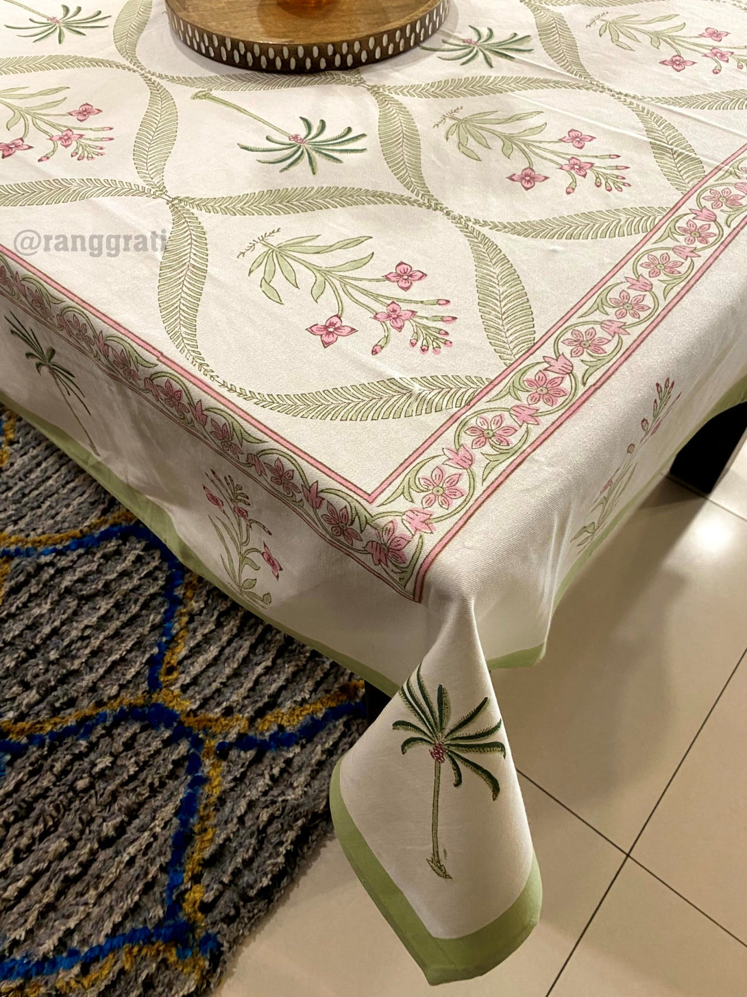 Canvas Cotton Green Border Pink Floral Table Cover Cloth 6 Seater Dining Table Rectangular