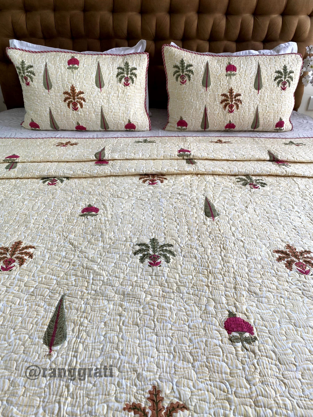Pink Floral Green Fern Quilted Bedcover Super King 108 X 108