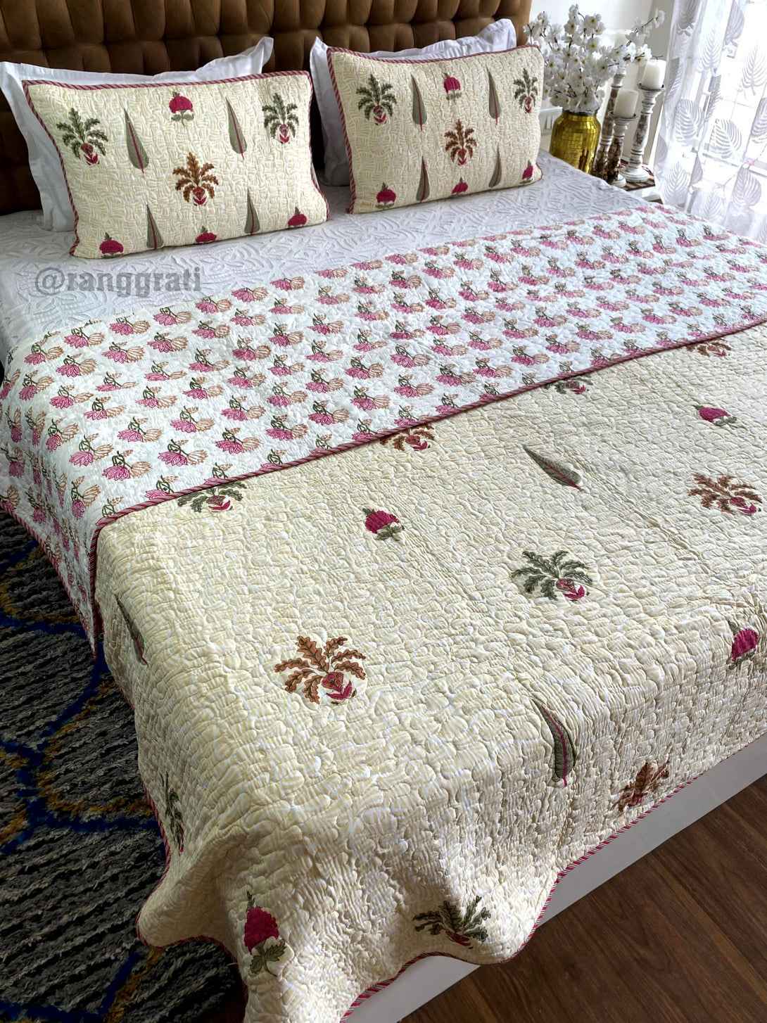 Pink Floral Green Fern Quilted Bedcover Super King 108 X 108 Reversible