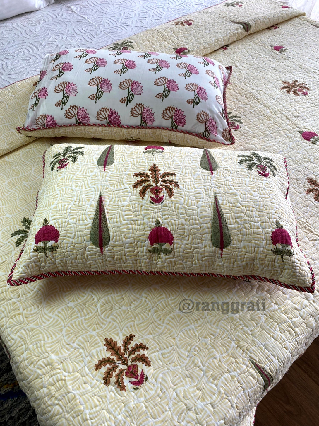 Pink Floral Green Fern Quilted Bedcover Super King 108 X 108 With Pillow Covers