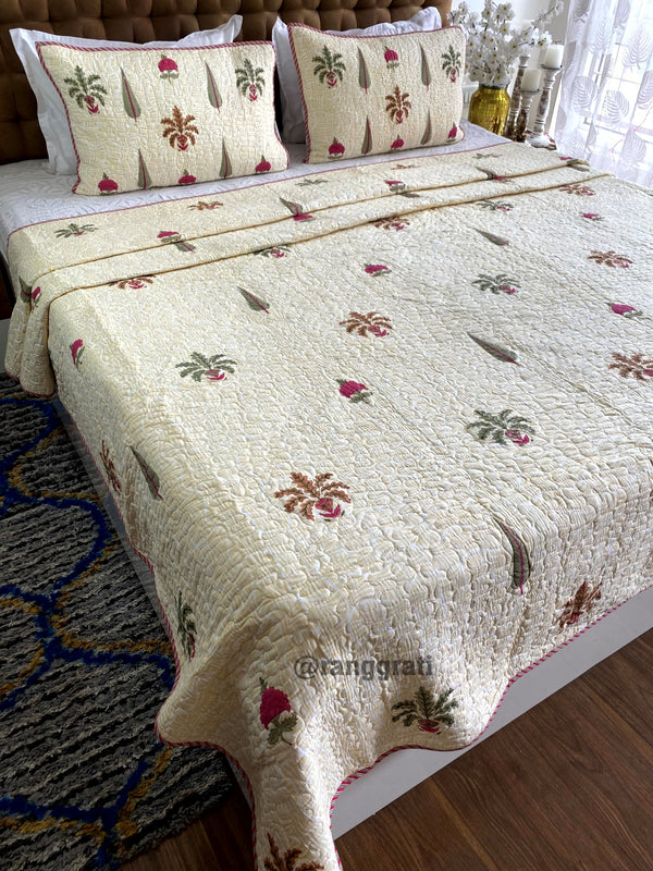 Pink Floral Green Fern Quilted Bedcover Super King Size