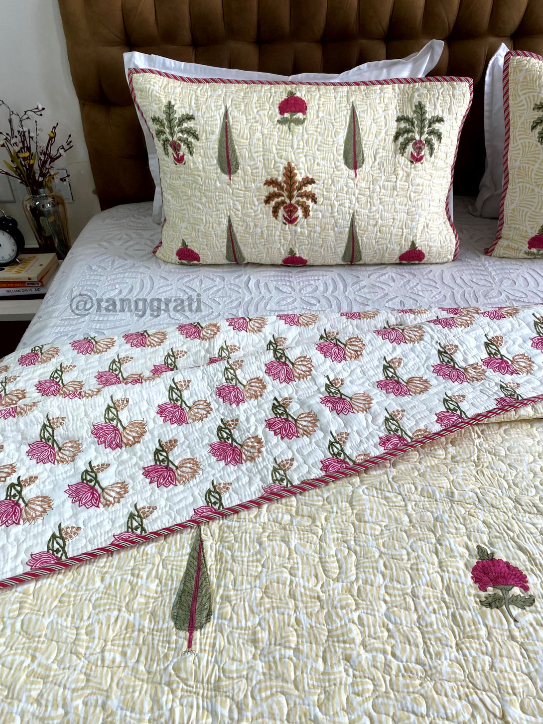Super King Size Pink Floral Green Fern Quilted Bedcover 