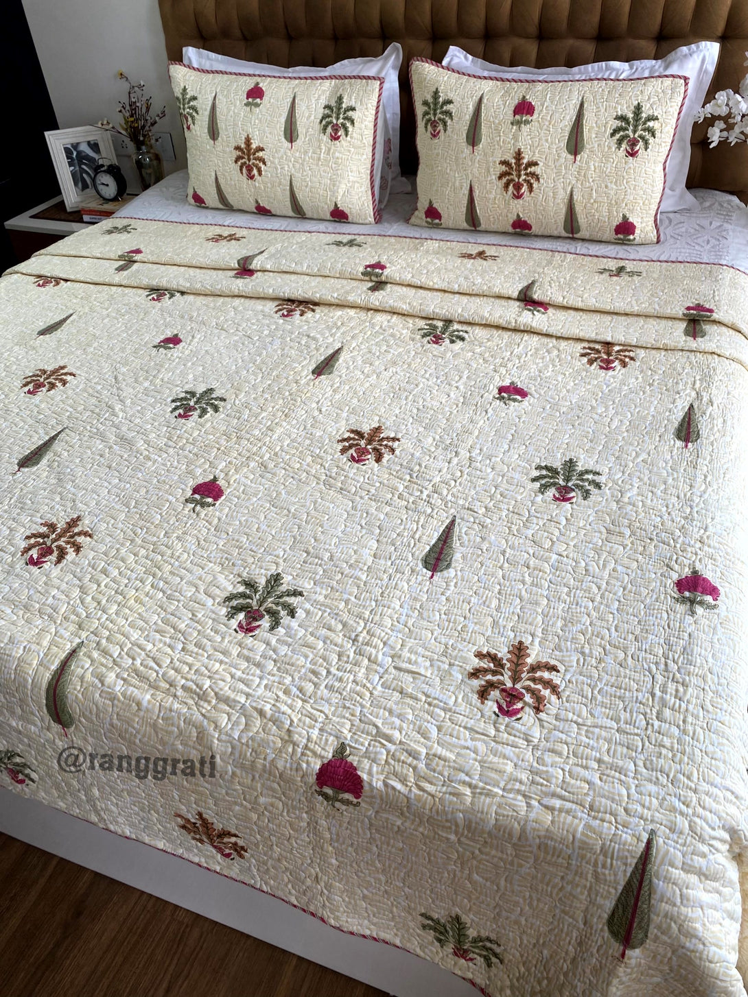 Mulmul Cotton Pink Floral Green Fern Quilted Bedcover Super King 108 X 108