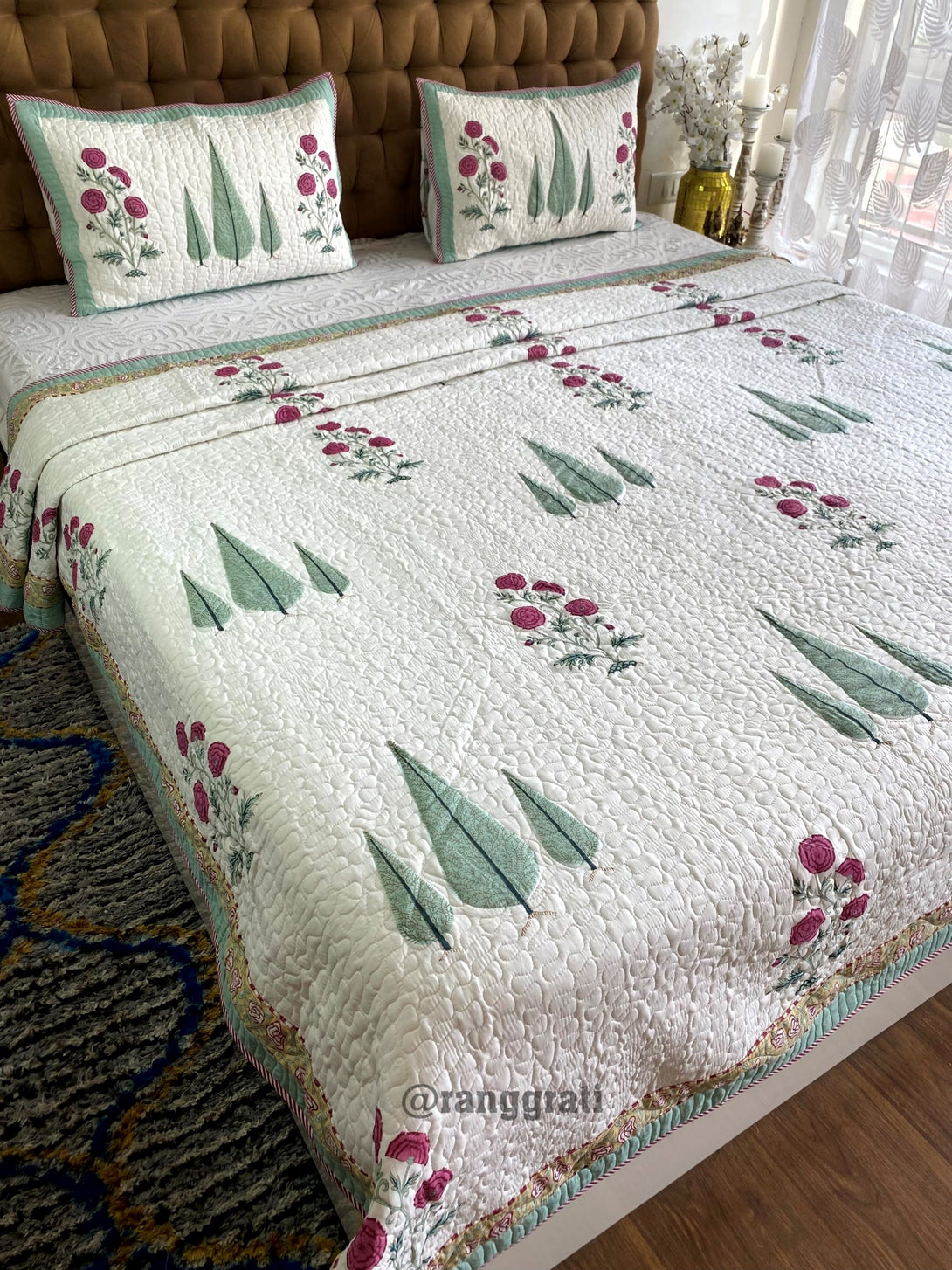 Pink Floral Green Pine Bedsheet With Matching Quilted Bedcover Set