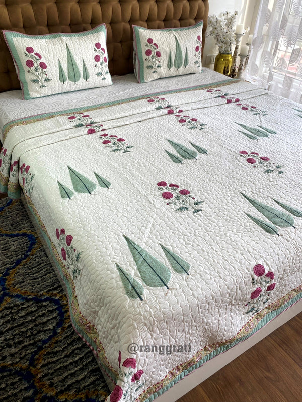 Pink Floral Green Pine Bedsheet With Matching Quilted Bedcover Set