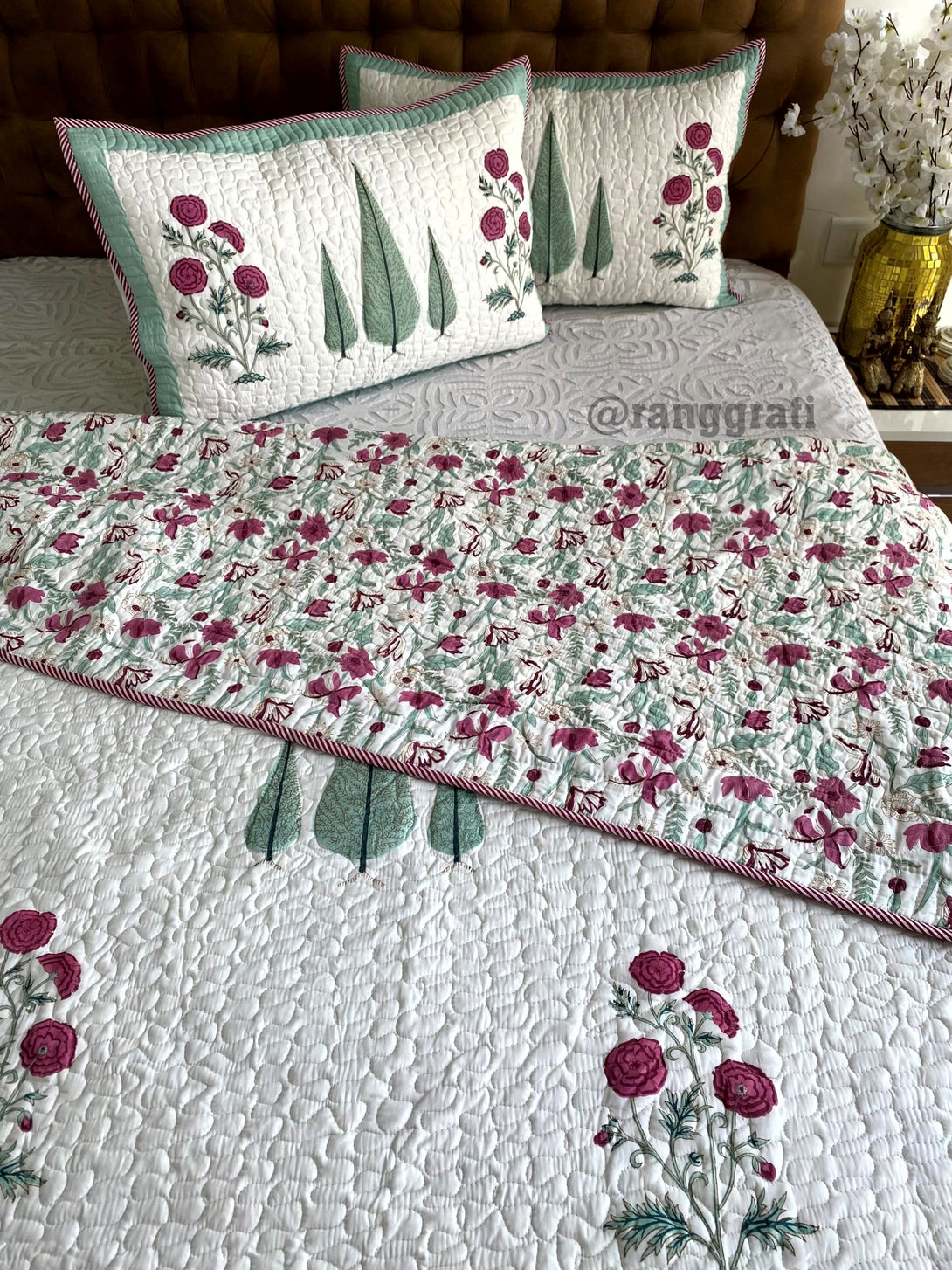 Pink Floral Green Pine Bedsheet With Matching Quilted Bedcover Set Reversible