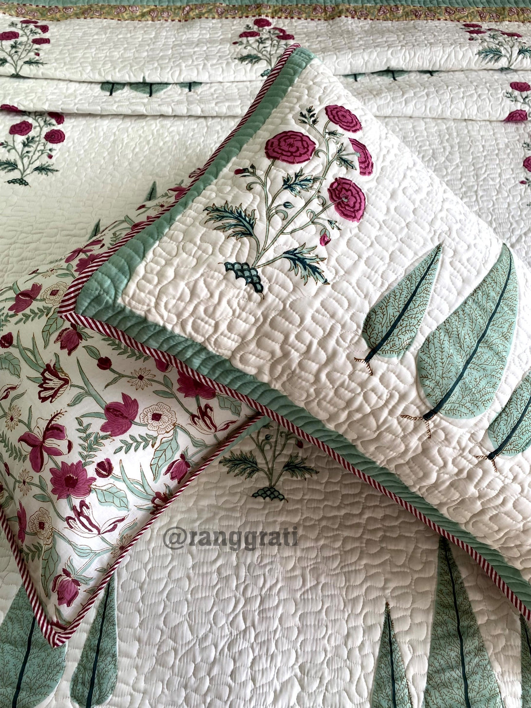 Pink Floral Green Pine Bedsheet With Matching Quilted Pillow cover Set
