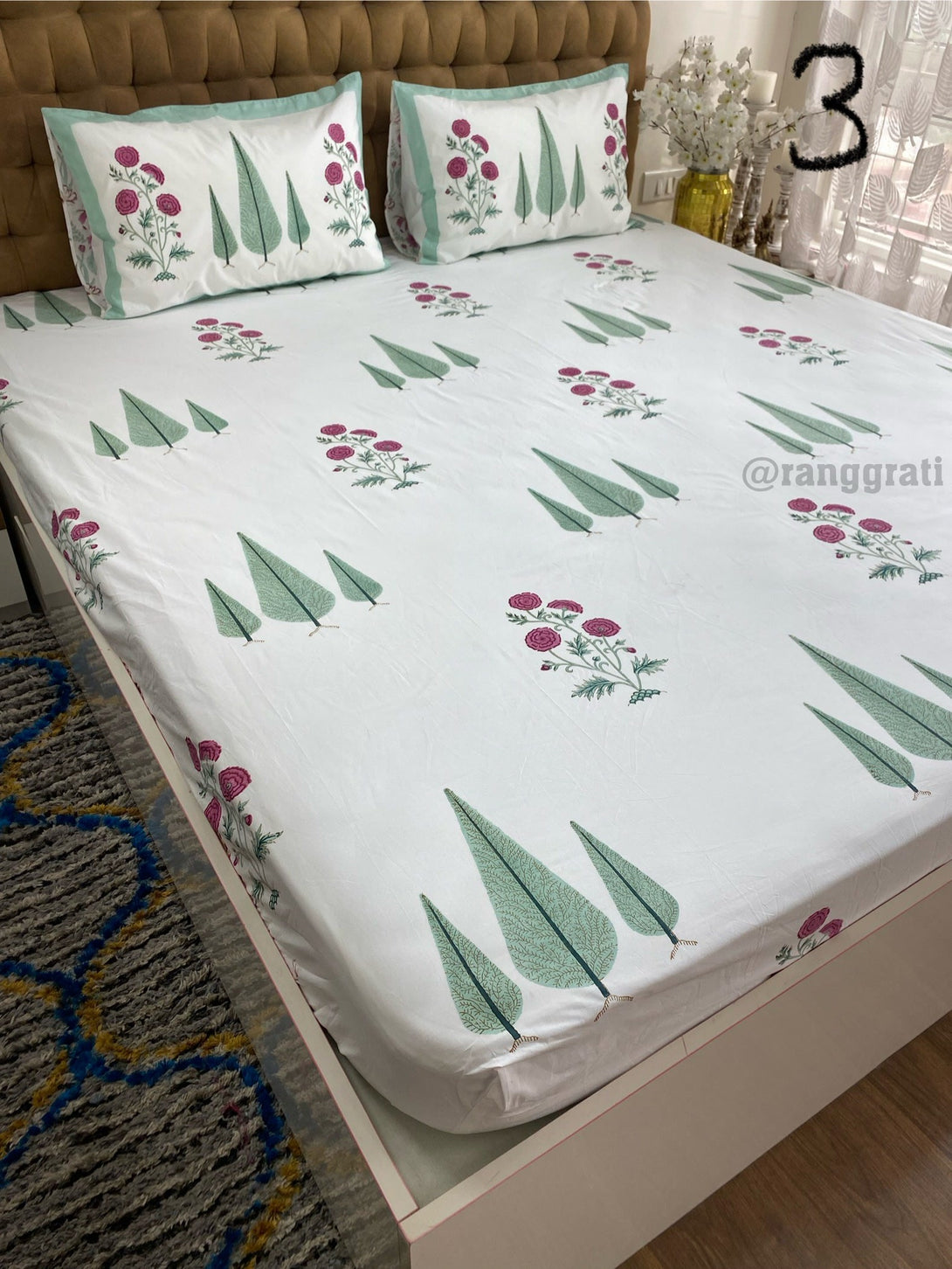 Pink Floral Green Pine Bedsheet With Bedcover Set
