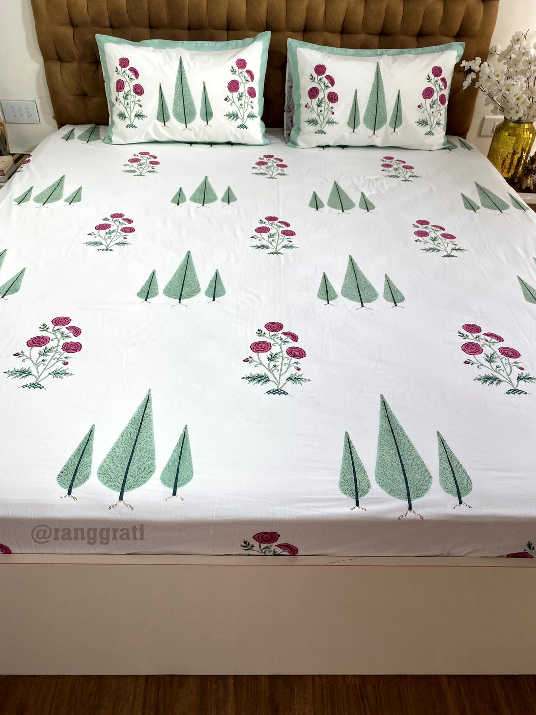King Size Pink Floral Green Pine Bedsheet With Matching Quilted Bedcover Set