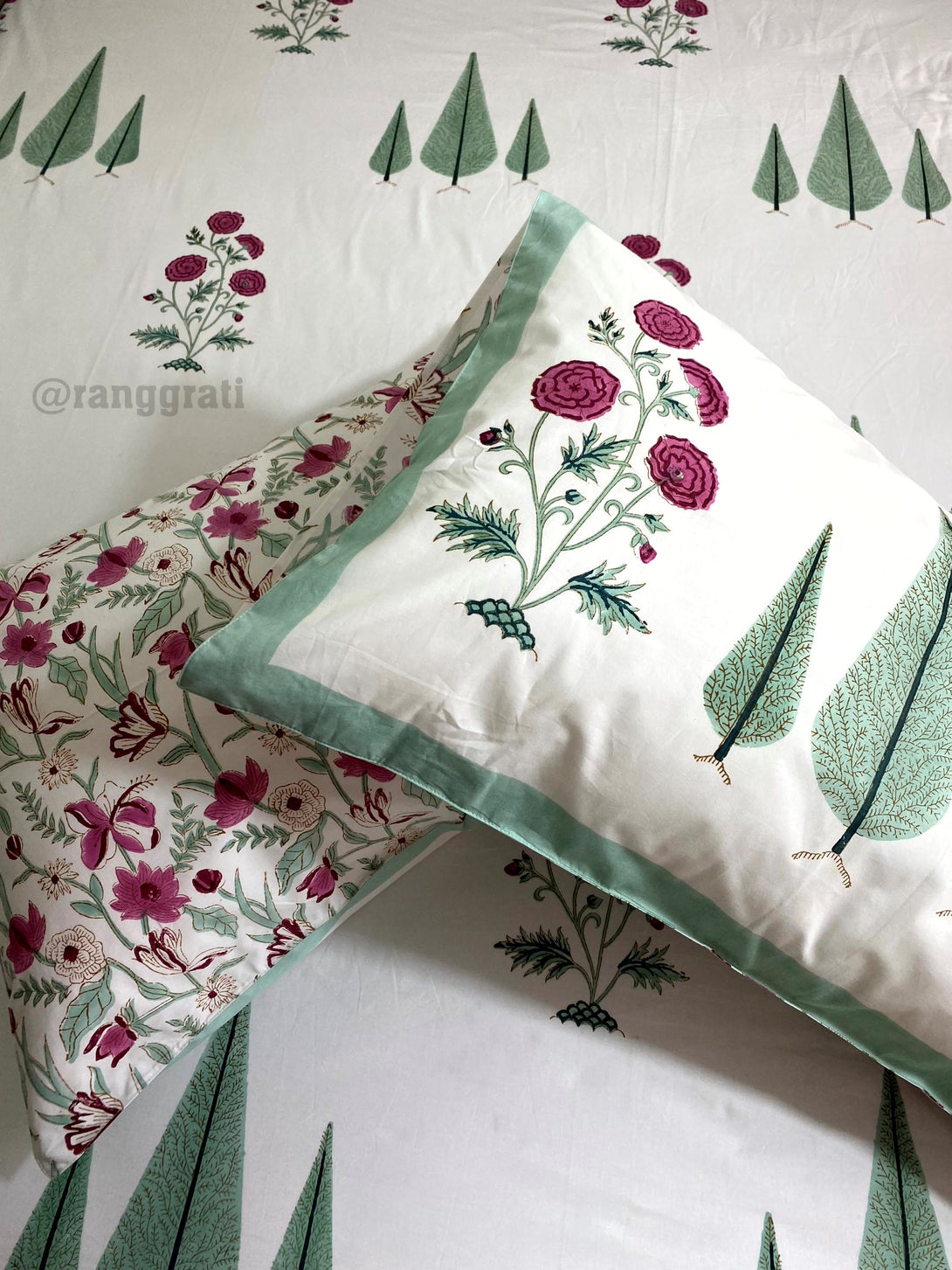 Pink Floral Green Pine King Size Bedsheet With Pillow Cover