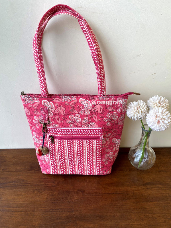 Pink Floral Hand Bag Ajrakh Print Hand Block Printed Cotton 