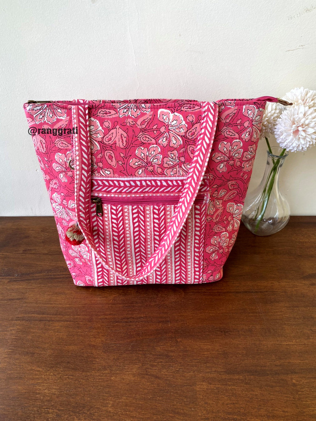 Cotton Pink Floral Hand Bag Ajrakh Print Hand Block Printed 