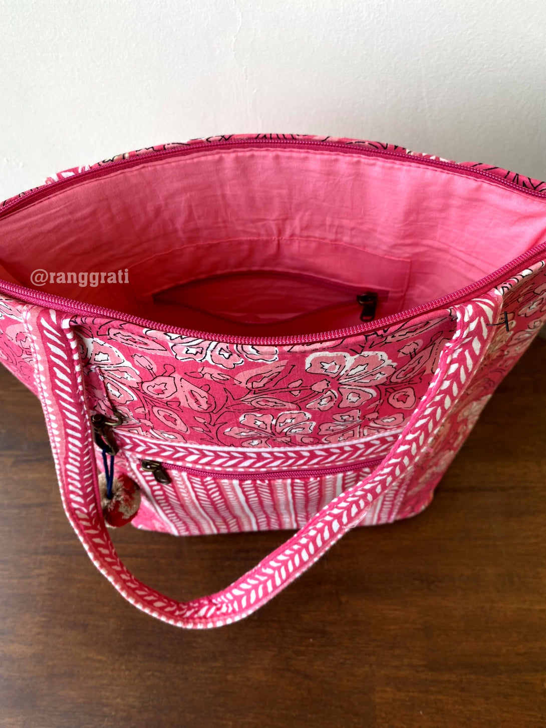 Handcrafted Cotton Handbag – Pink Floral Ajrakh Block Print