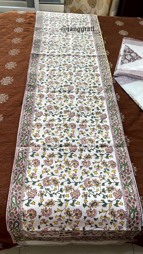 Pink Jaal Floral Table Runner 8 Seater Dining Table Block Print