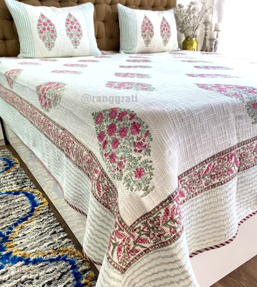 Pink Floral Jute Cotton Bedcover King Size - Bedcover
