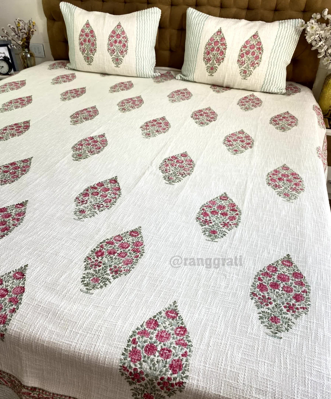 Pink Floral Jute Cotton Bedcover King Size - Bedcover