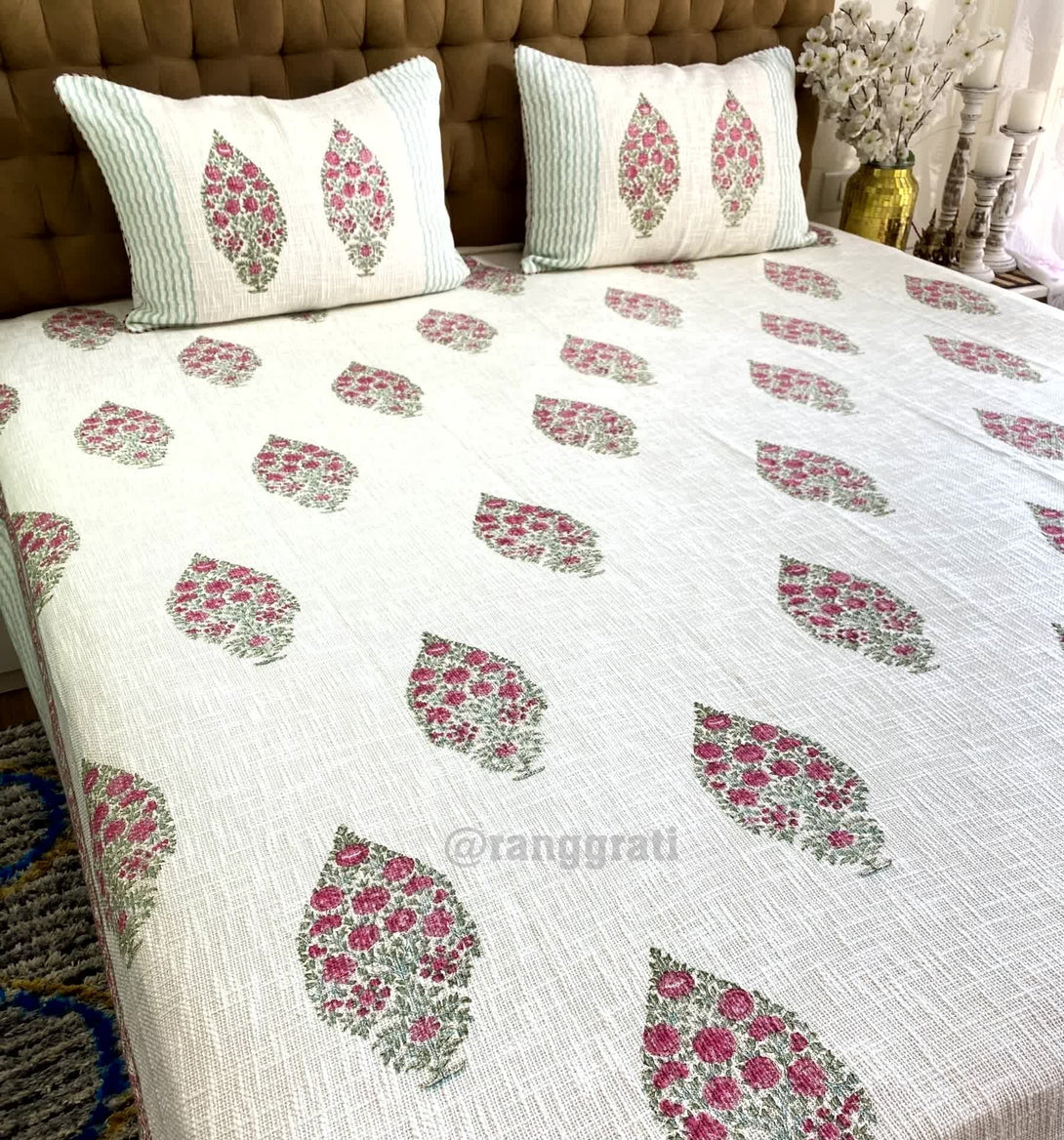 Pink Floral Jute Cotton Bedcover King Size - Bedcover