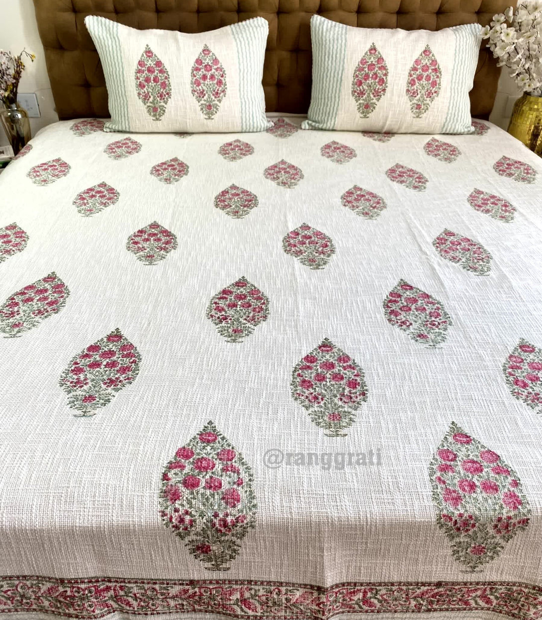 Pink Floral Jute Cotton Bedcover King Size - Bedcover