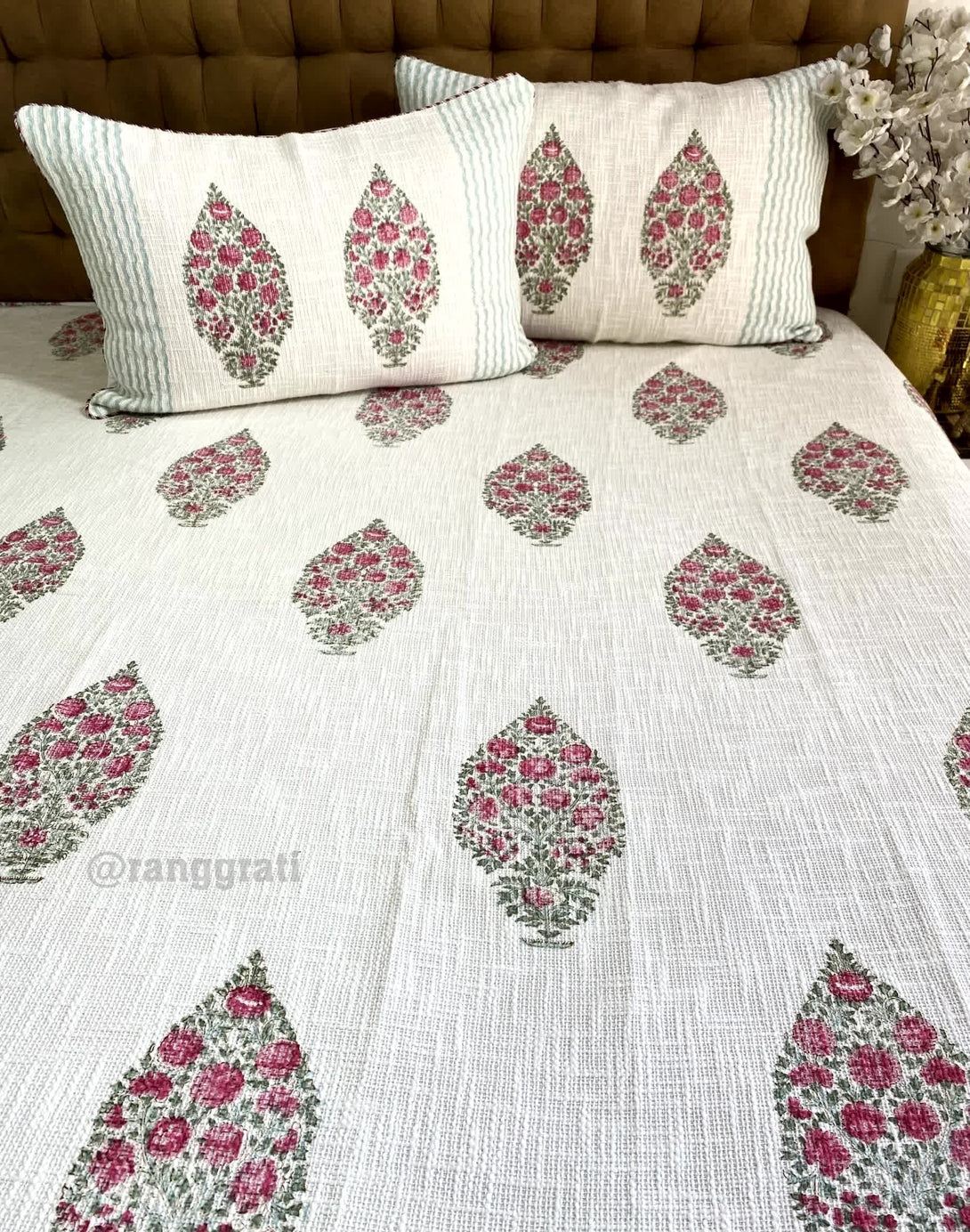 Pink Floral Jute Cotton Bedcover King Size - Bedcover