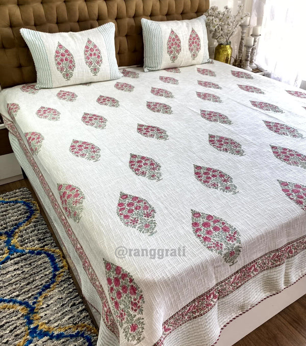 Pink Floral Jute Cotton Bedcover King Size - Bedcover
